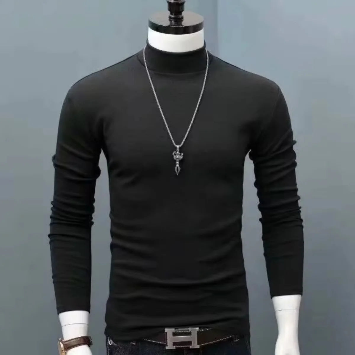 Men's high-neck T-shirt for autumn and winter 2025, slim-fitting, fashionable, high-elasticity, long-sleeved, cotton, casual, br