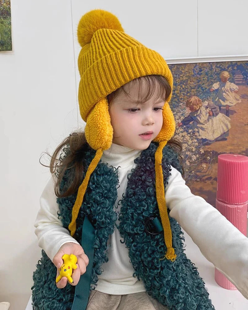 Winter Baby Knitted Hat Skiing Infant Bonnet Plush Lining Kids Beanie Protect Ears Children Cap for Boys Girls Accessories 2-6Y