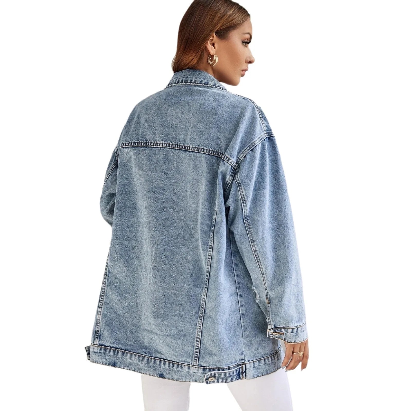 New Denim Jacket for Women Ripped and Distressed Large Size Loose Mid-length Denim Jacket Winter Clothes Women