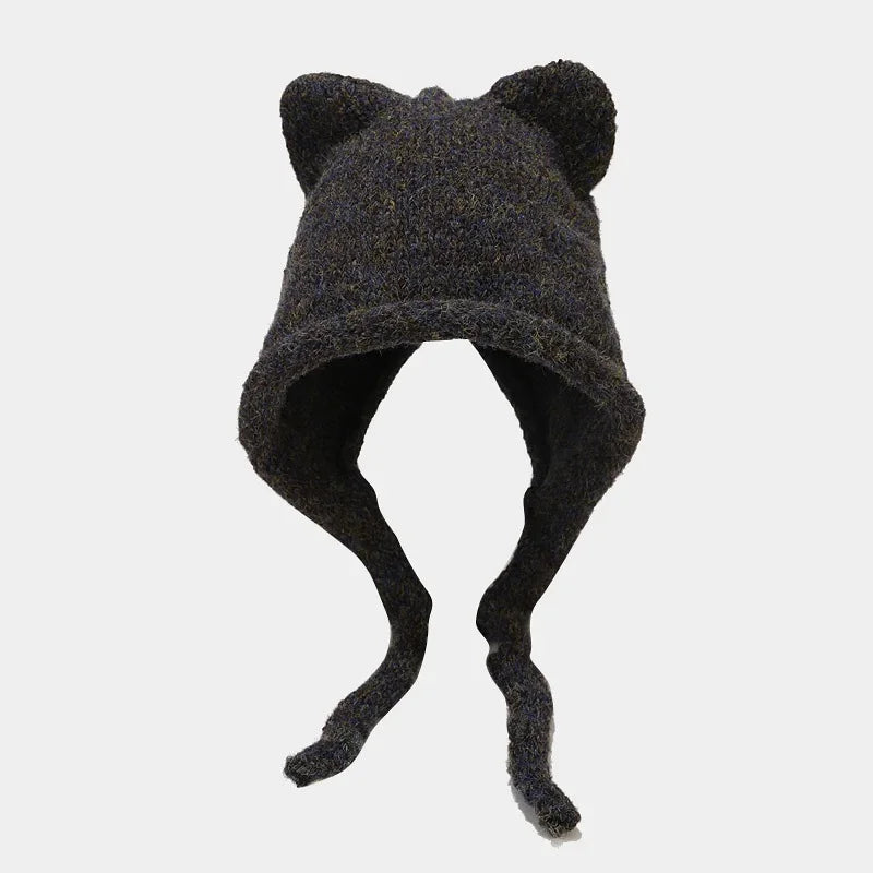 Winter Hat For Women Men Skullies Beanies Solid Color Korean Cute Cat Ear Warm Wool Ear Protection Knit Pullover Strap Cap Y2K