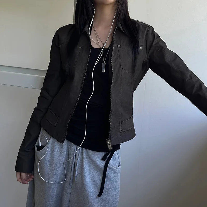 Women Jacket Pocketd Long Sleeve dCasual Zipper Coats Slim Fit Turn Down Collar Solid Outwear Elegant Lady Autumn