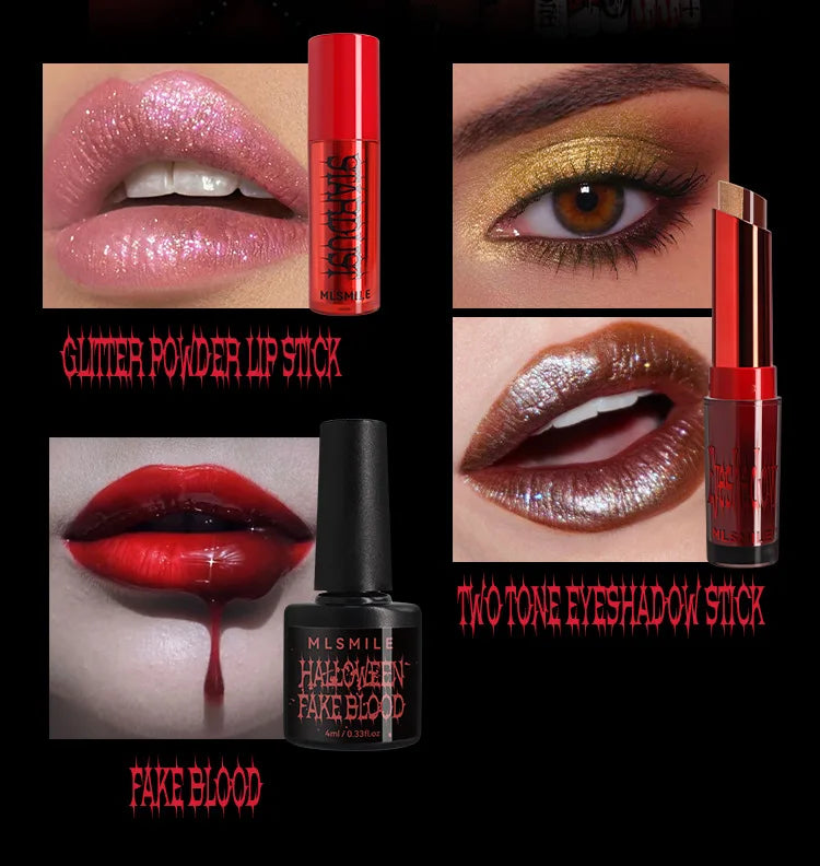 MLSMILE Halloween Makeup Set Eyeshadow Glitter Lip Glaze Fake Blood Wearing Armor 4pcs/set Festive Set Trick or Treat Cosmetics