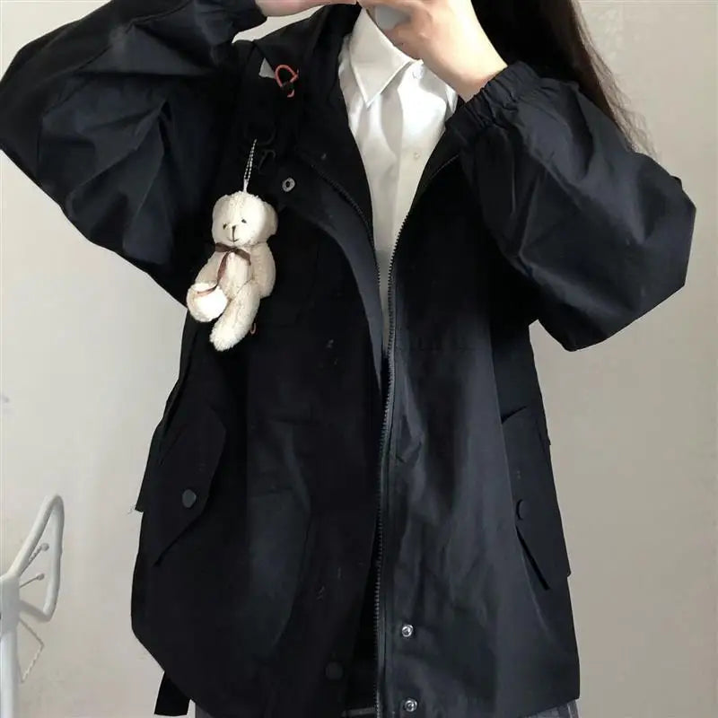 Women Black Jacket with Hood Long Sleeve Work Clothes Pocket Zipper Jacket Coat Woman Loose Casual Outerwear Coat Tops Trend
