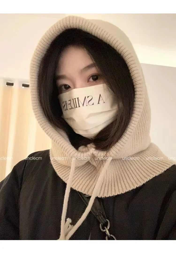 Winter Balaclava Hats For Men&Women Unisex Knitted Hooded Caps Outdoor Warmer Drawstring Hats One-Piece Neck Collar Beanies Cap