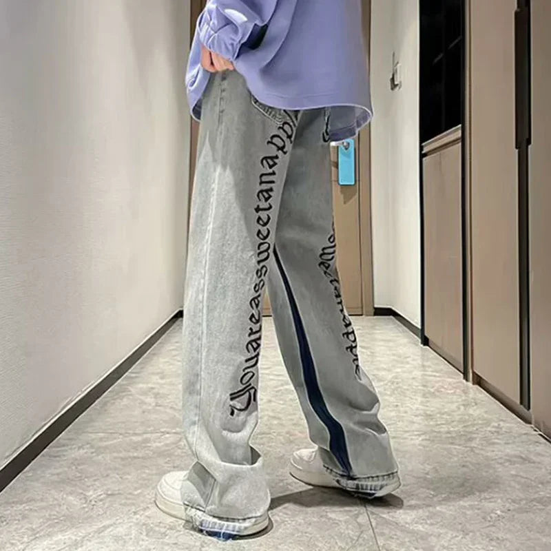 Man Fashion Casual Jeans Male Hip-hop Chic Loose Straight Leg Brand Retro Streetwear Pants Letter Print Goth Punk Baggy Trousers