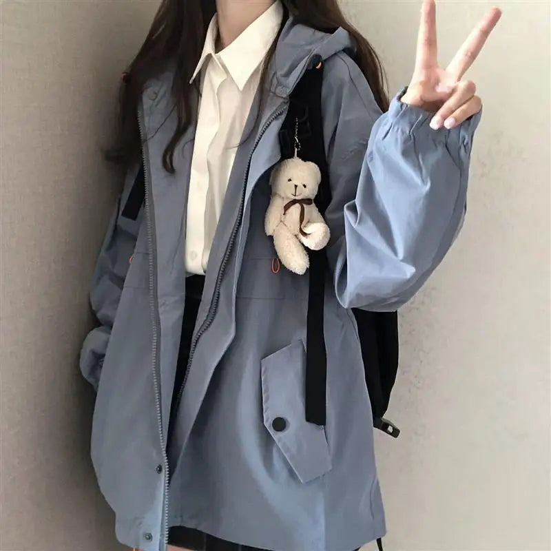 Women Black Jacket with Hood Long Sleeve Work Clothes Pocket Zipper Jacket Coat Woman Loose Casual Outerwear Coat Tops Trend