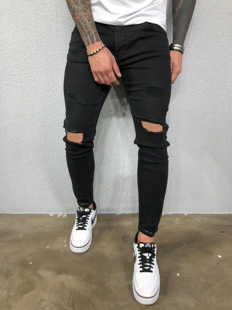 Men's Jeans Streetwear Ripped Skinny Hip Hop Man Fashion Estroyed Oversize Pants Solid Color Male Stretch Casual Denim Trousers