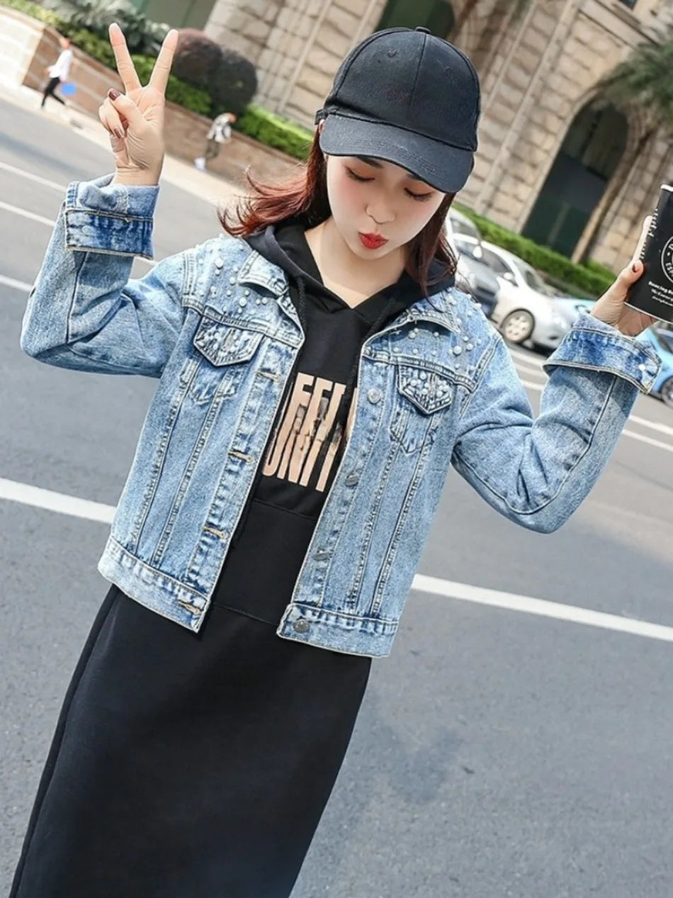 Cowboy Jacket Women's Denim Jacket Spring  Autumn New in Commuting Style Bead Fashion Casual Loose Regular Short Jacket