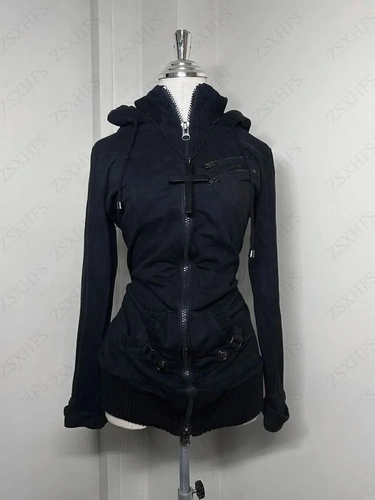 Women Black Punk Jacket Slim Casual Bomber Coat Lapel Zipper Long Sleeve Hoodie Vintage Lady Motorcycle Outwears Hip hop Jacket