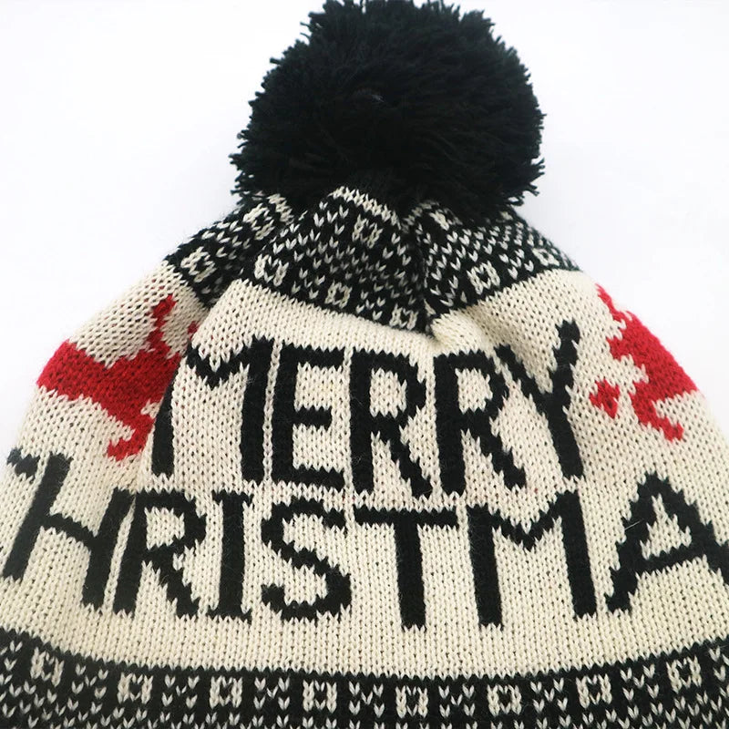 Winter Fashion Christmas Hat Santa Claus Hairball Hat Jacquard Knitted Christmas Hat Warm Ear Protector Wool Hat