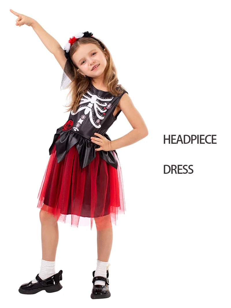 Halloween cosplay girls sleepveless vintage party dress scary skull witch day of the Dead costume #1 # W
