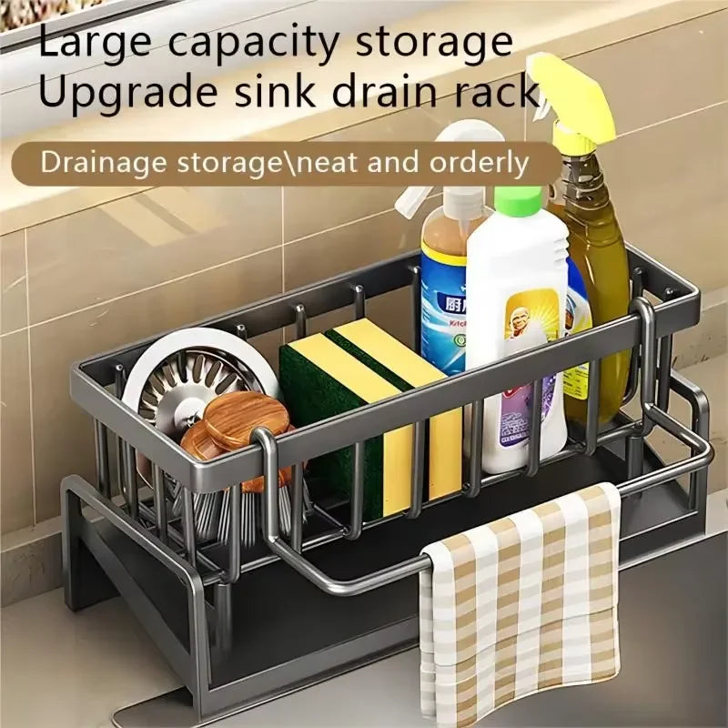 Kitchen Drainable Storage Rack With Hanging Rod Countertop Cleaning Supplies Without Punching Multi-Functional Storage Rack Tool