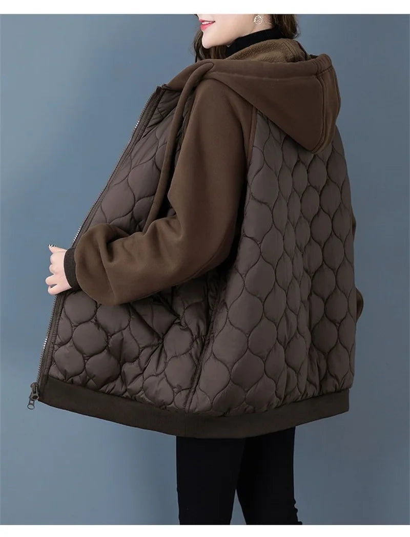 Autumn/Winter Jacket Women Hooded Splice Down Cotton Coat 2023 European Station Large Size Loose Cotton Jacket Female Outerwear