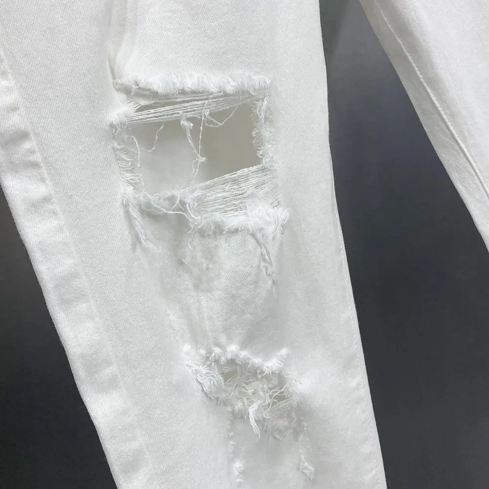 Ripped Jeans Men's Summer Thin Casual Elastic Versatile White Jeans Men's Korean Trendy Pants denim men clothing cargo pants