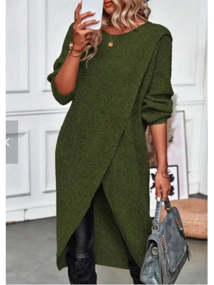 Womens Long Knitted Sweater Dress 2025 Autumn Winter Warm Fur Jumpers Casual Solid Loose Knit Midi Dress Lady Work Pullovers