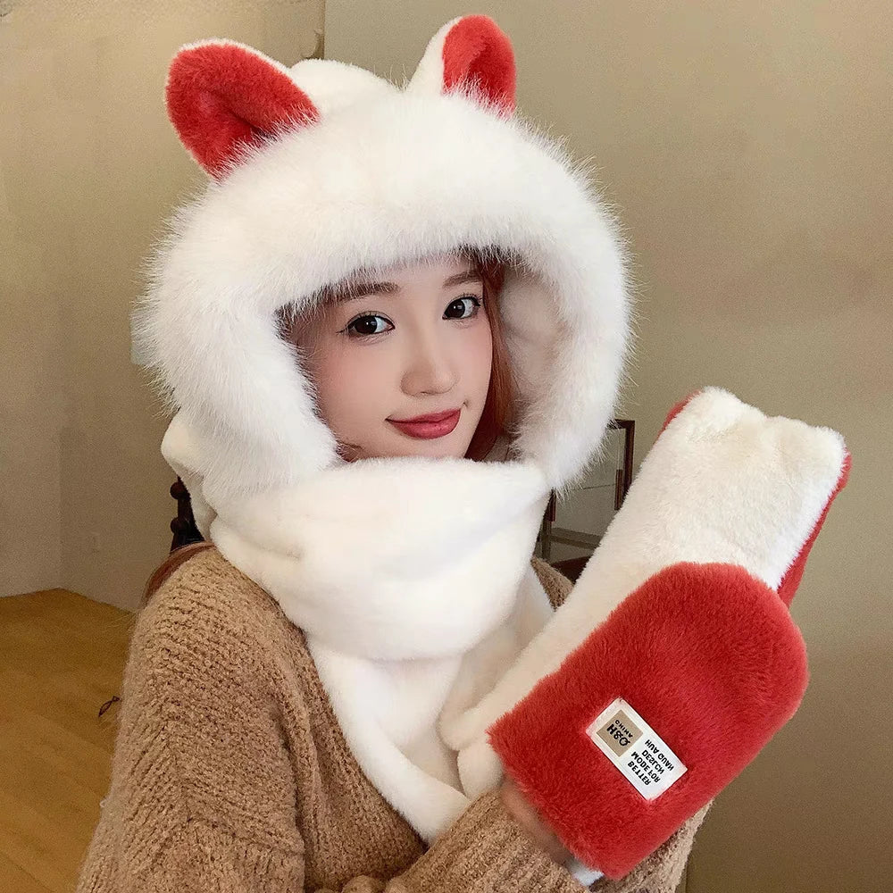 1 Pieces Winter Women's Warm Hat Three-piece Set Hat Scarf Gloves All-in-one Set Cute Cartoon Fashionable Versatile