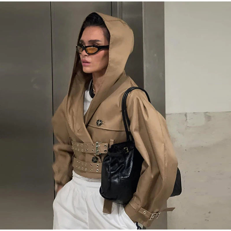 Women's Jacket Chic Double Belt Hooded Full Sleeve Button Female Female Jackets 2025 Autumn Fashion High Street Lady Outwears