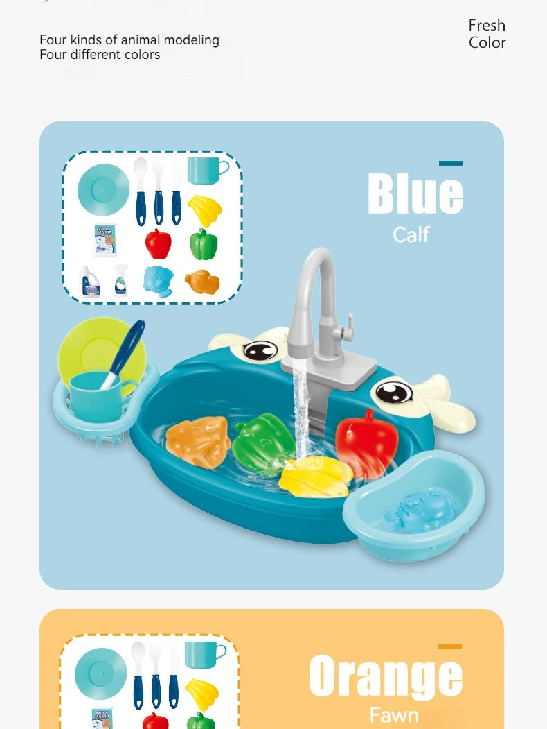 Kids Play Kitchen Set Simulated Dishwasher Sink Hand Basin with Electric Circulating Water Toys for Boys Girls Pretend Role Play