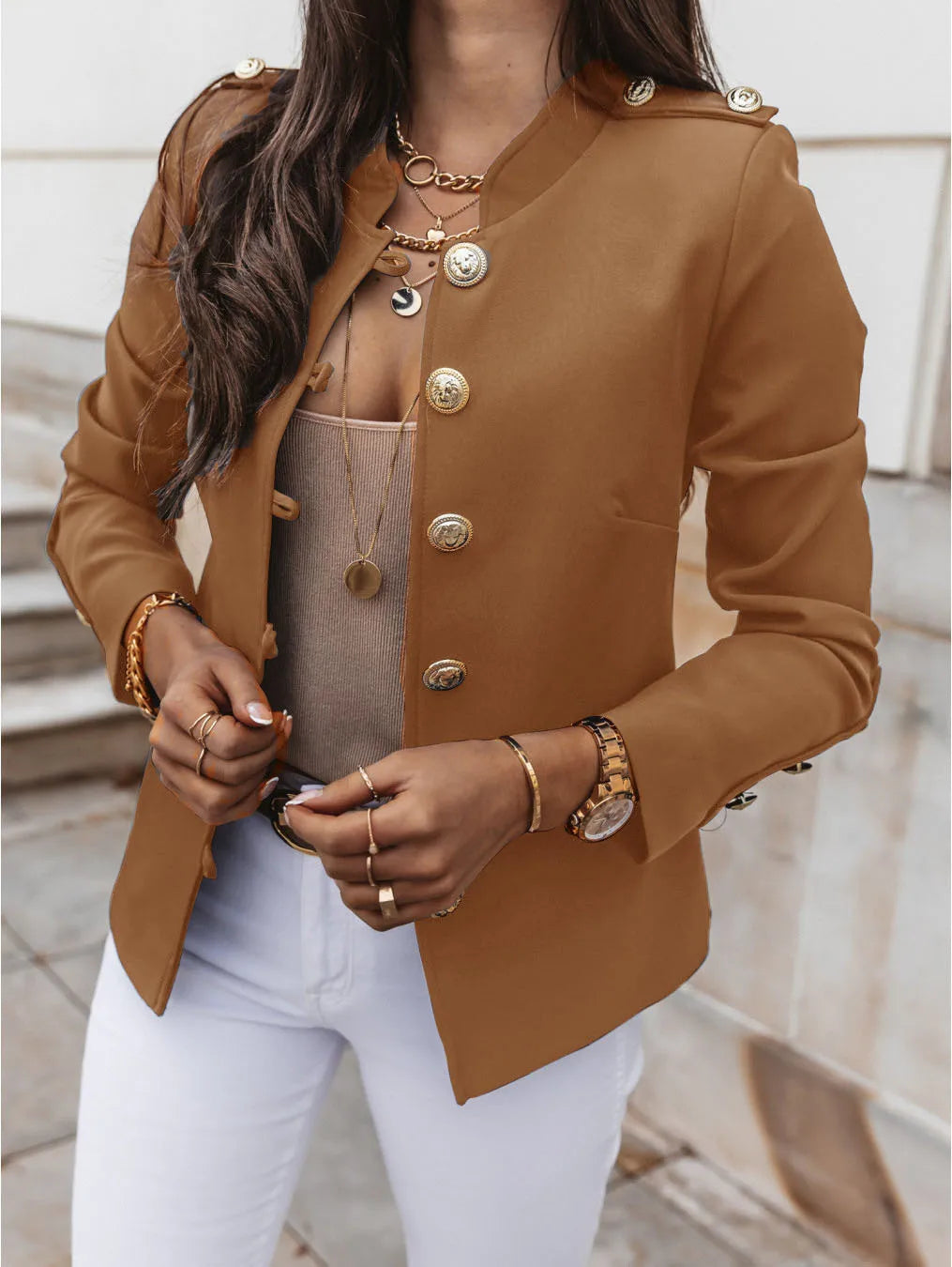 Women Elegant Cropped Jacket 2025 Women's Fashion Jacket O-Neck Long Sleeved Flip Pocket Coat Female Casual Outwear Tops