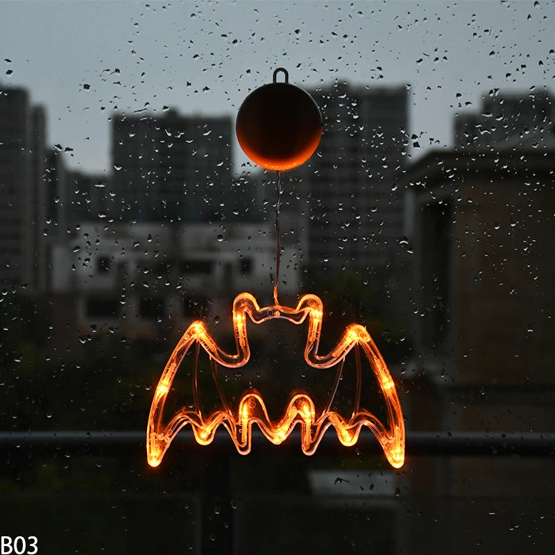 Halloween Orange Window Light Orange Pumpkin Ghost Witch Hat Design LED Sucker Lamp Bar Home Party Hanging Decor Without Battery