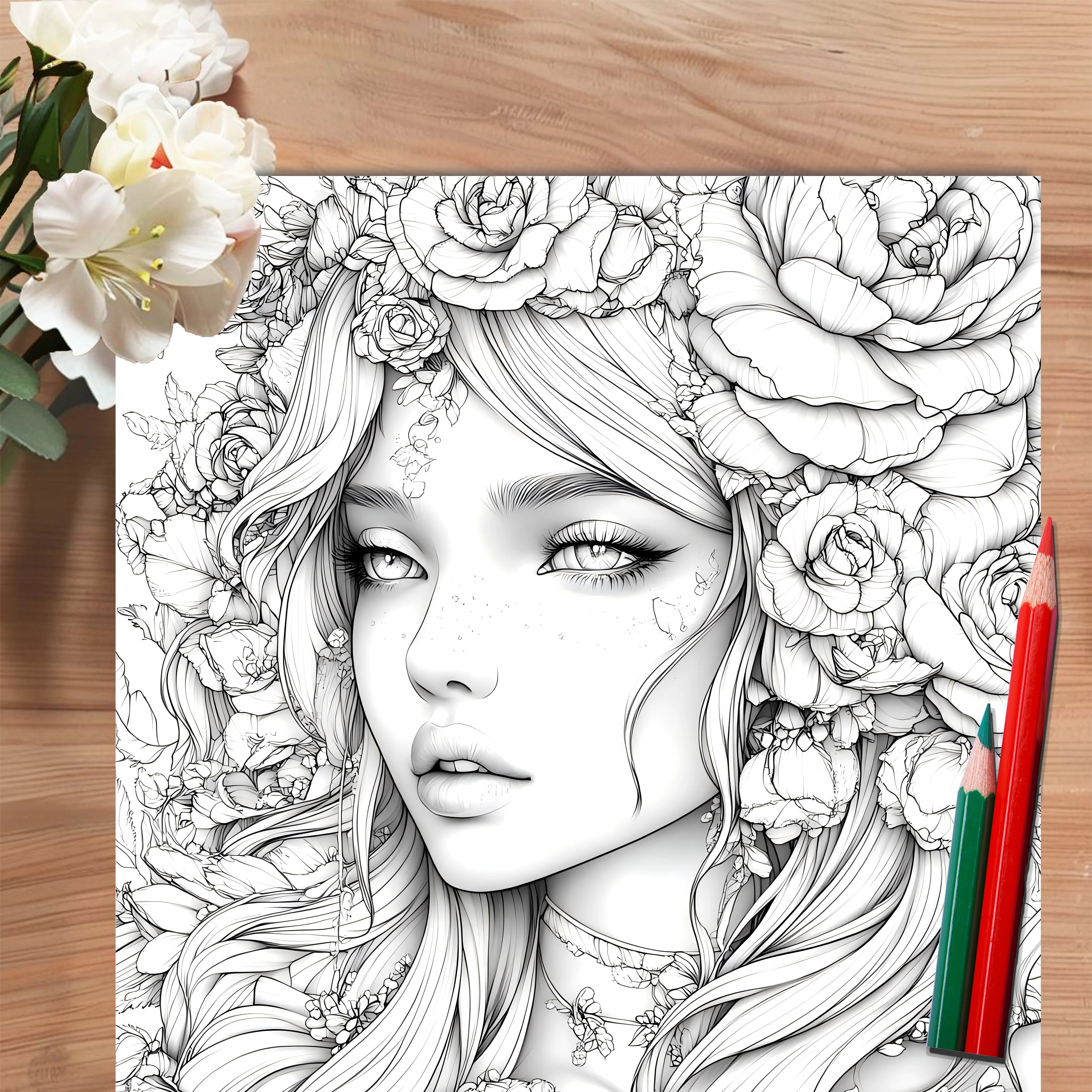 Adult Picture Book: Beautiful Women in Bloom for Makeup Practice with Detailed Portraits and Coloring Pencil Techniques