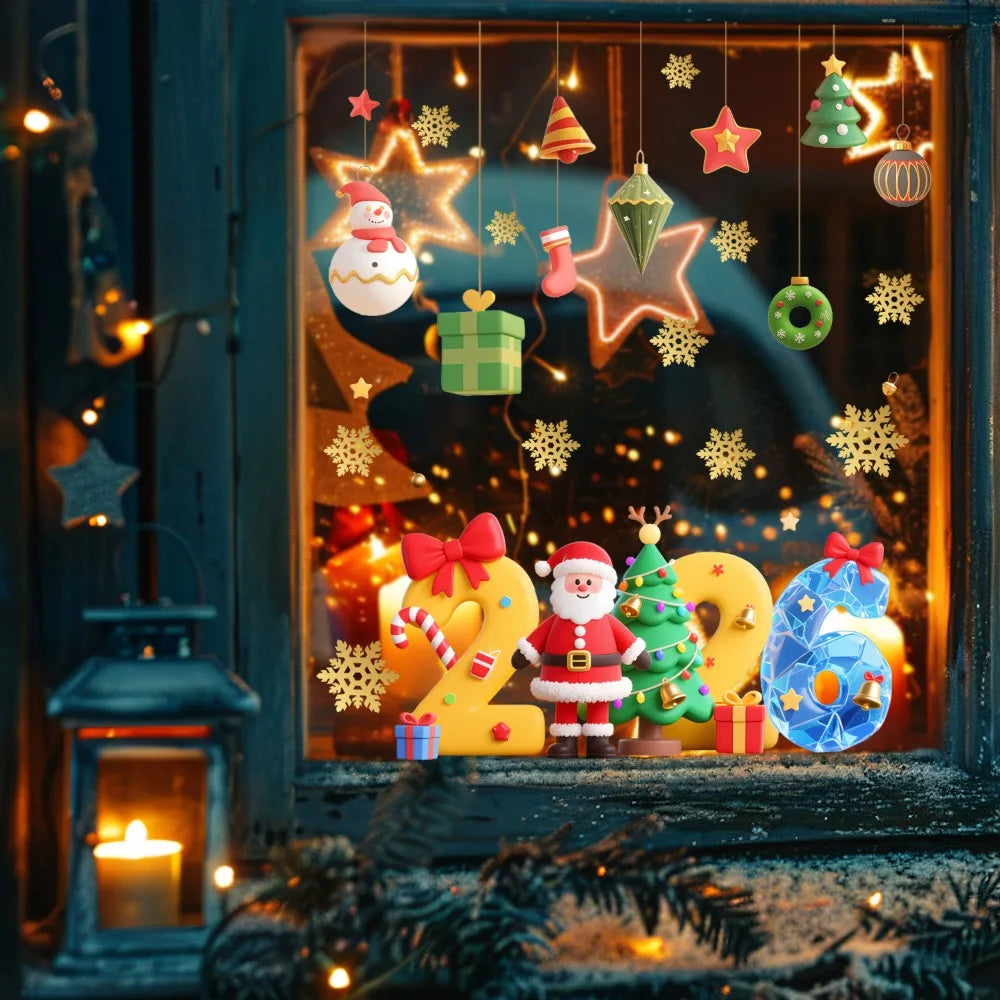 Christmas Glass Stickers Wooden House Pine Nut Sticker Glass Wall Decor Merry Christmas 2025 Stickers Happy New Year 2026