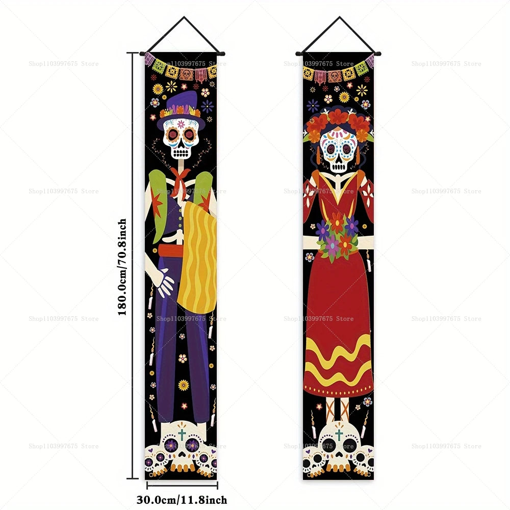 Halloween Decorations Dia De Los Muertos Porch Sign Banners Mexico Day of The Dead Hanging Banner for Indoor Outdoor Wall Decor