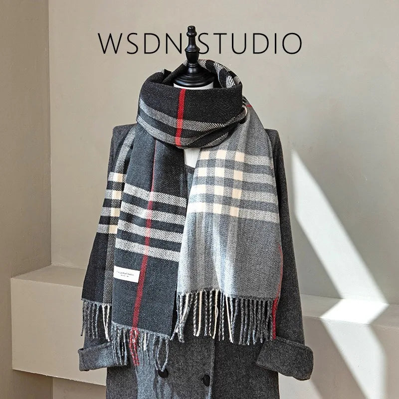 Autumn and Winter New Arrival Tassel Long Scarf Striped Fashion Cowl Neck Warm Fuzzy Color Block Wrap