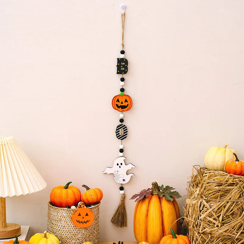 Halloween Wooden Hanging Decorative Ghost Festival Atmosphere Decorations Beaded Witch Pumpkin Bat Pendant Home Party Supplies