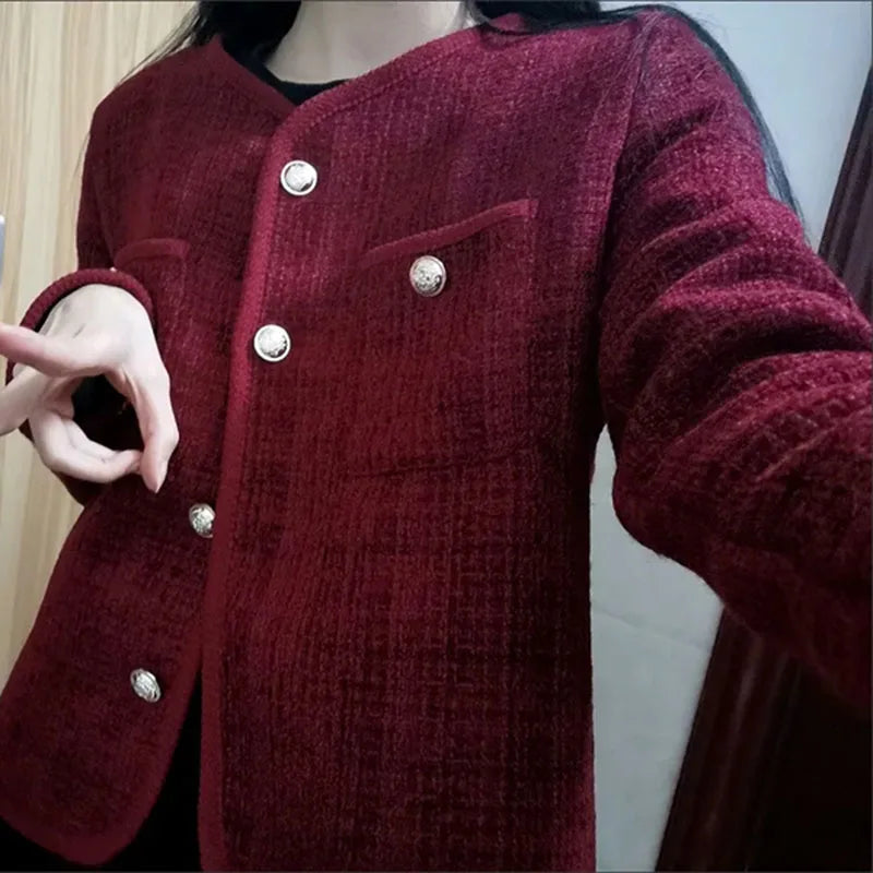 Wine red Coat Women Xiaoxiangfeng Jacket  Autumn and Winter New Short Jackets Elegant Women's Top