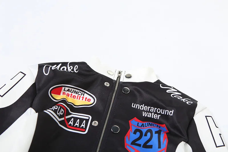 Women Fashion Hipster Pu Leather Jacket Y2K Letter Printed Hipster Motorcycle Jackets Spring Autumn Single-Breasted Casual Coat