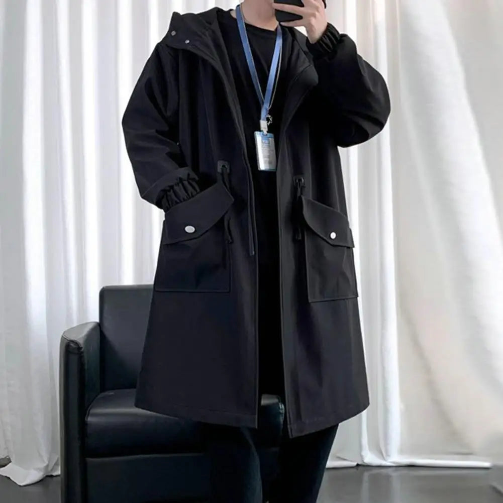 Long Trench Coat Jacket Men Autumn Spring Black Hip Hop Japanese Coats Streetwear Male Hooded Green Khaki Casual Jackets