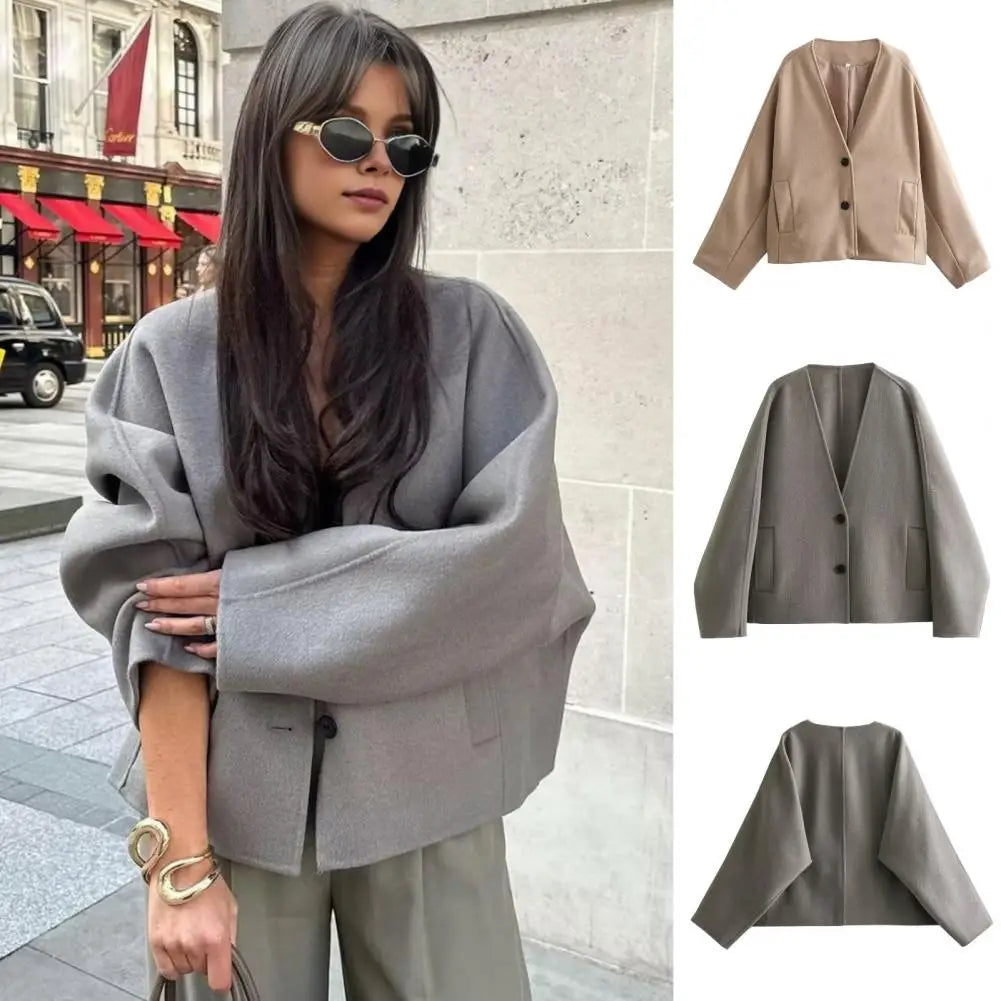 Women Vintage Blends Fit Coat Fashion Loose Double Breasted Long Sleeve Pockets Female Jackets Chic Lady Commuter Coats