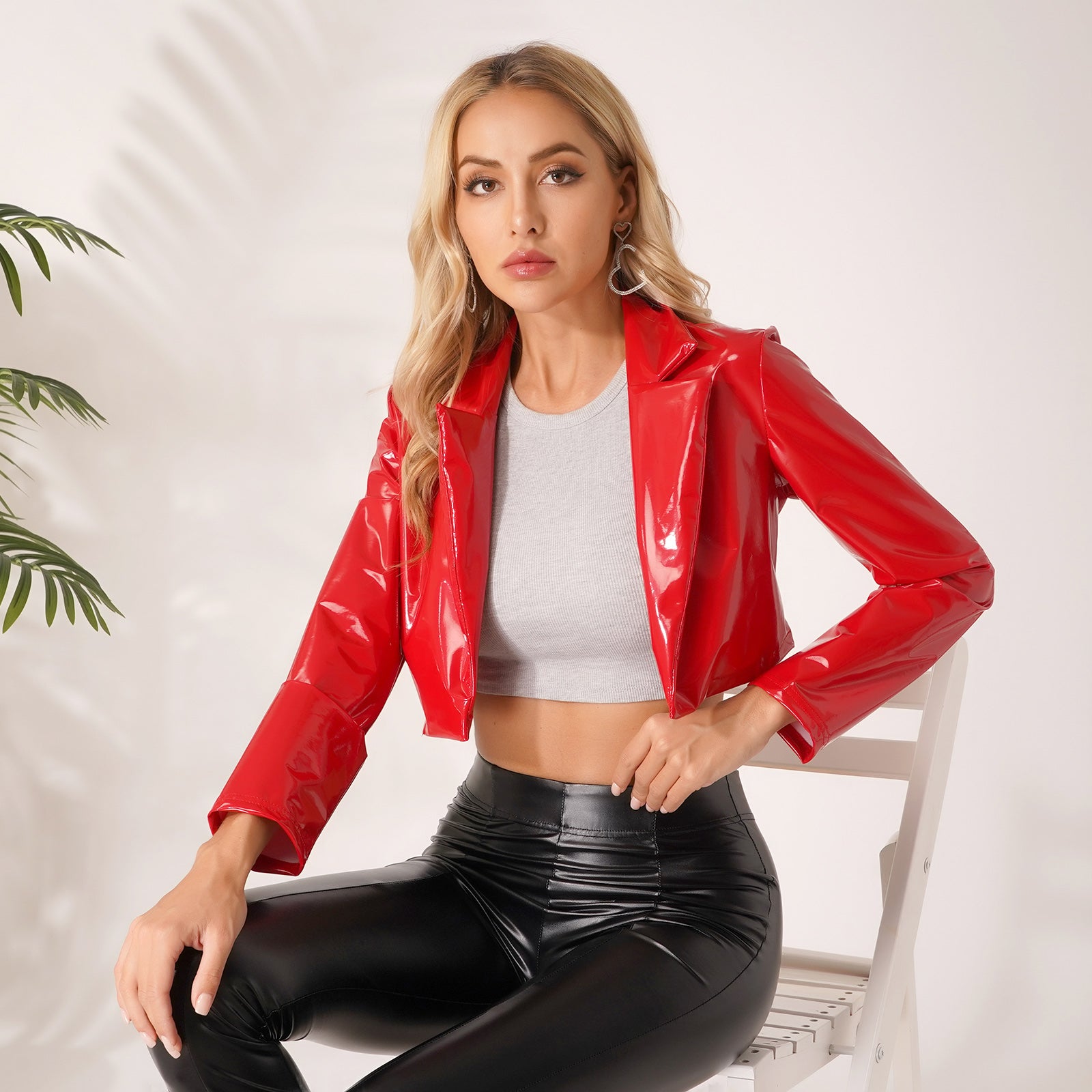 Womens Fashion Black Red Motorcycle Jacket Wet Look Music Festival Clubwear Long Sleeve Patent Leather Lapel Cropped Coat