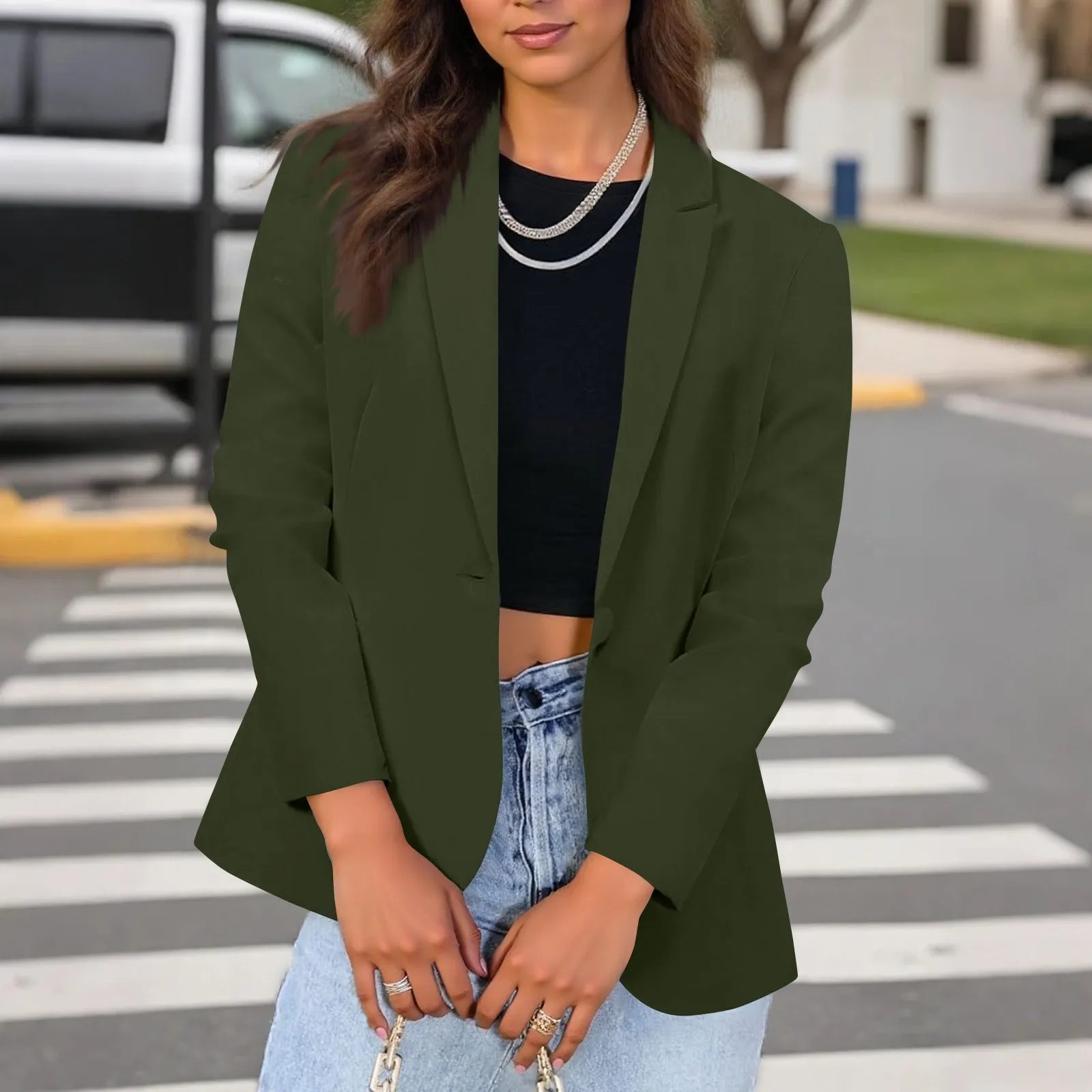 Casual Suit Jacket for Women Fashion Solid Color Long-sleeved Suit Collar Blazer Business Casual Single-button Cardigan Jacket