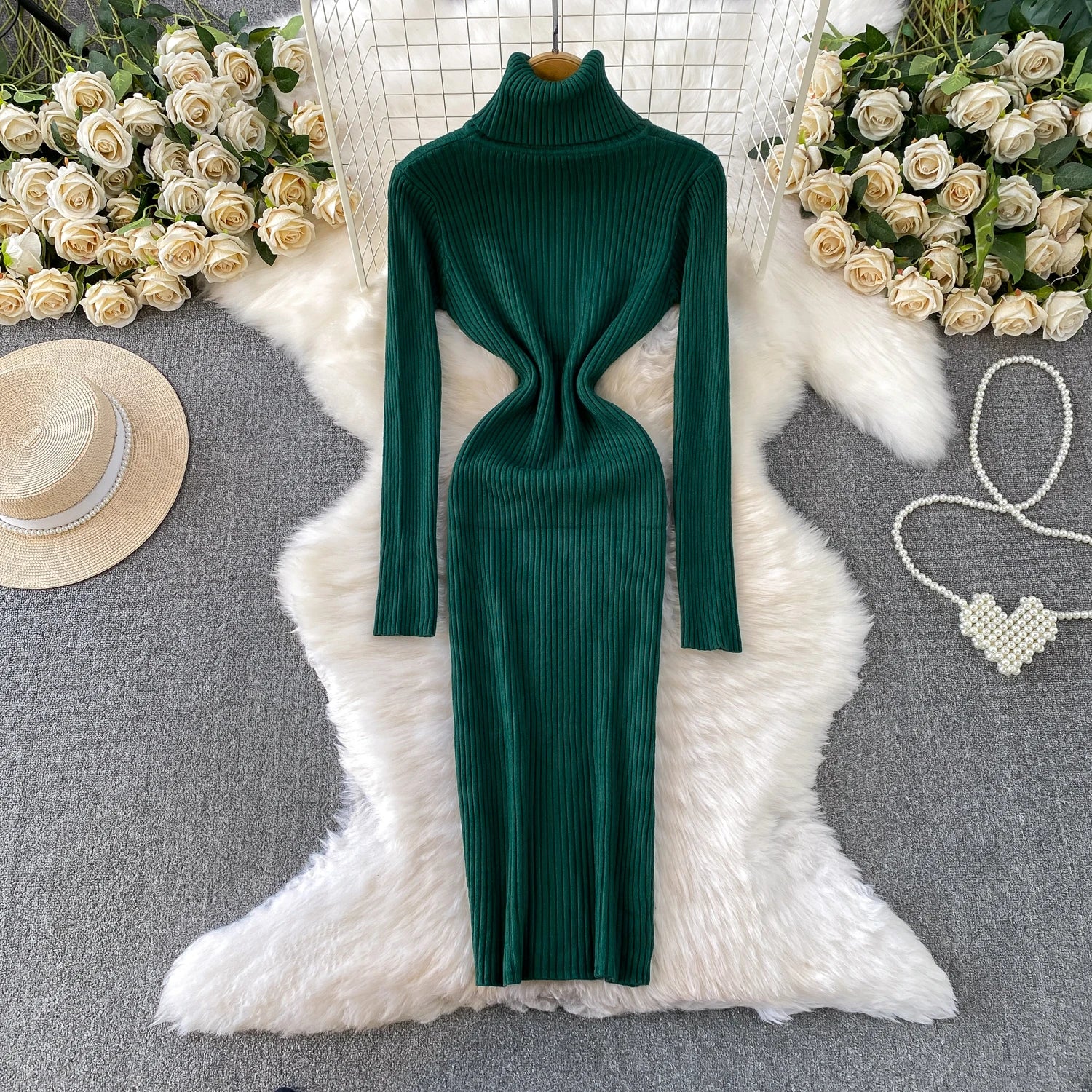 Women Winter Turtleneck Knittign Dress Stretch Slim Long Sleeve Soft Knitwear Dresses Female Casual Lining Simple Bottom Vestido