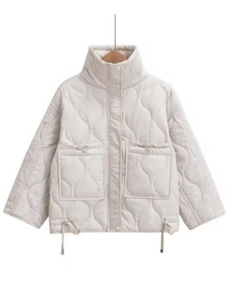 Quilted coat for women ETJ 2024traf QUILTED JACKET WITH TIES new beige drawstring high neck pocket clip cotton jacket for women