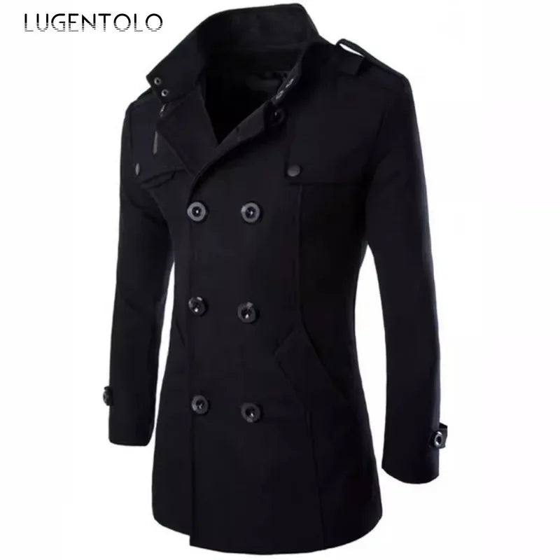 Men Casual Jacket Fall-Winter Outdoor Warm Windbreaker Fashion Lapel Double Breasted Gentleman Coat Daily Versatile Clothing