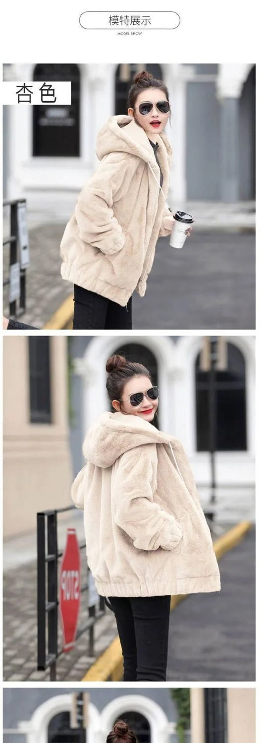 Women's Flannel Hooded Coat - Mid-Length Plush Jacket, Winter Fleece-Lined Warm Outerwear