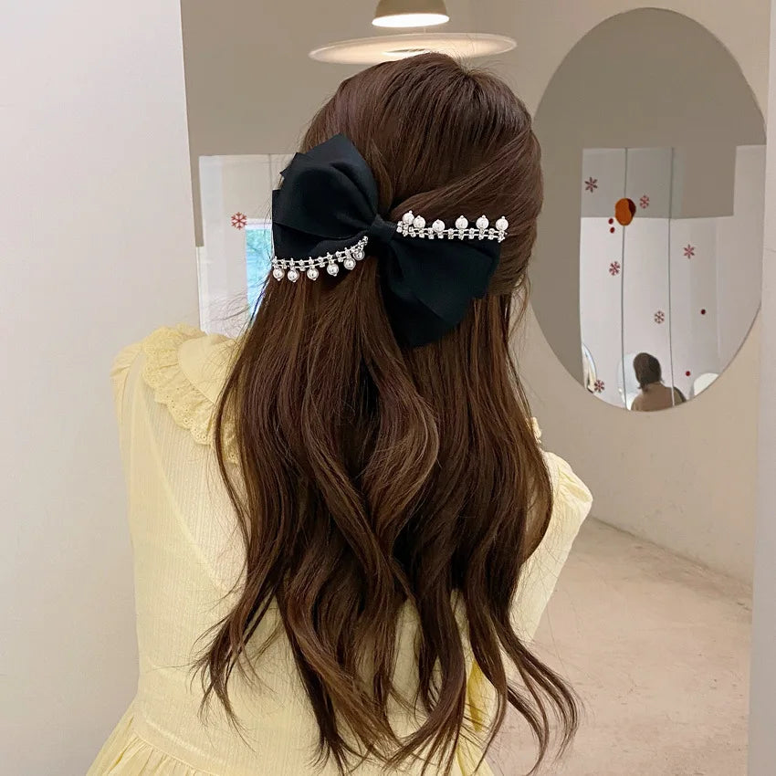 Korean Hair Accessories Fashion Women  Clip with Chain Tassel Pearl and Bow  Spring Barrette  Rhinestone  Pin