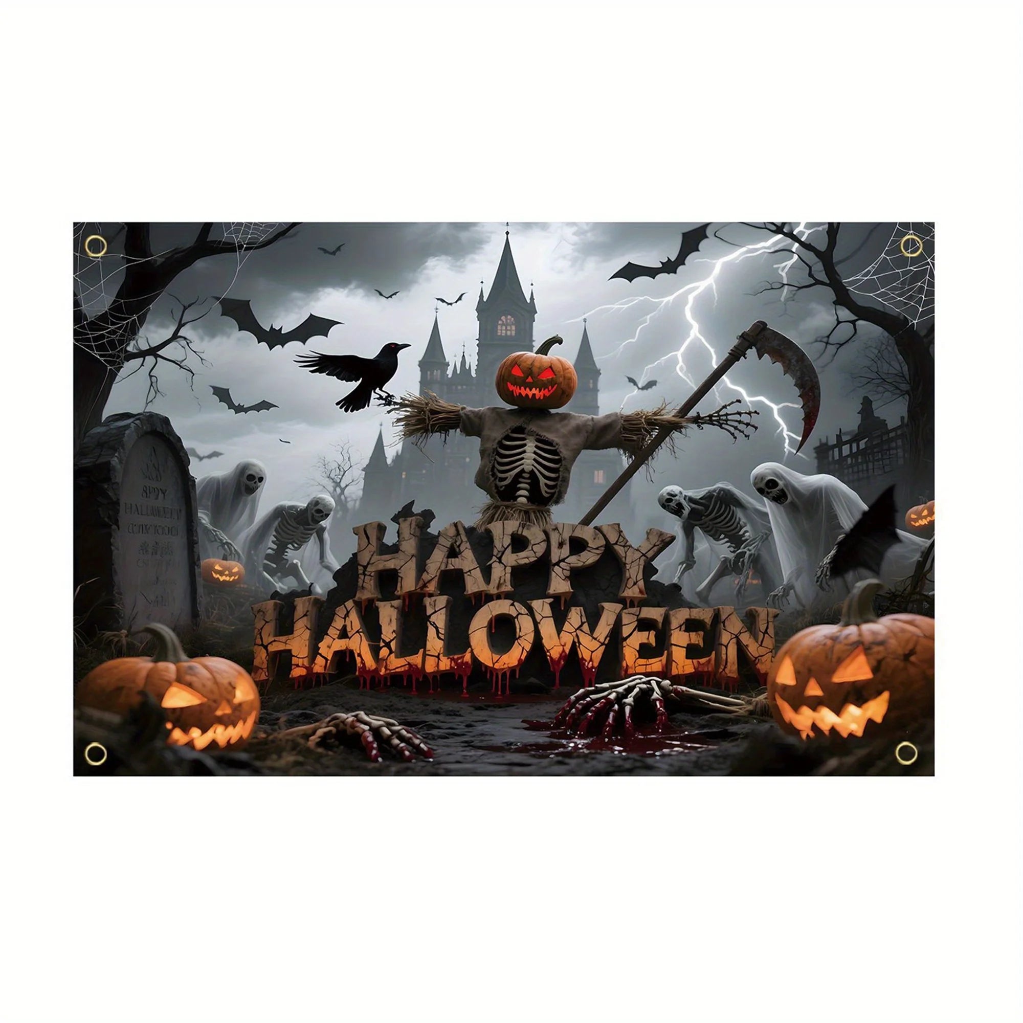 Halloween background: Colorful and eerie pumpkin, scared mouse, bat, dead tree, skull pattern Halloween wall banner