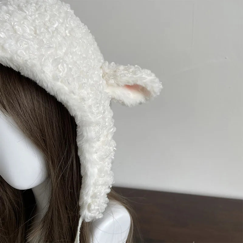 Winter White Plush Sheep Warm Hat Lolita Set Women's Outdoor Cute Leg Warmer Earmuffs Jk Cosplay Clothing Fashion Accessories