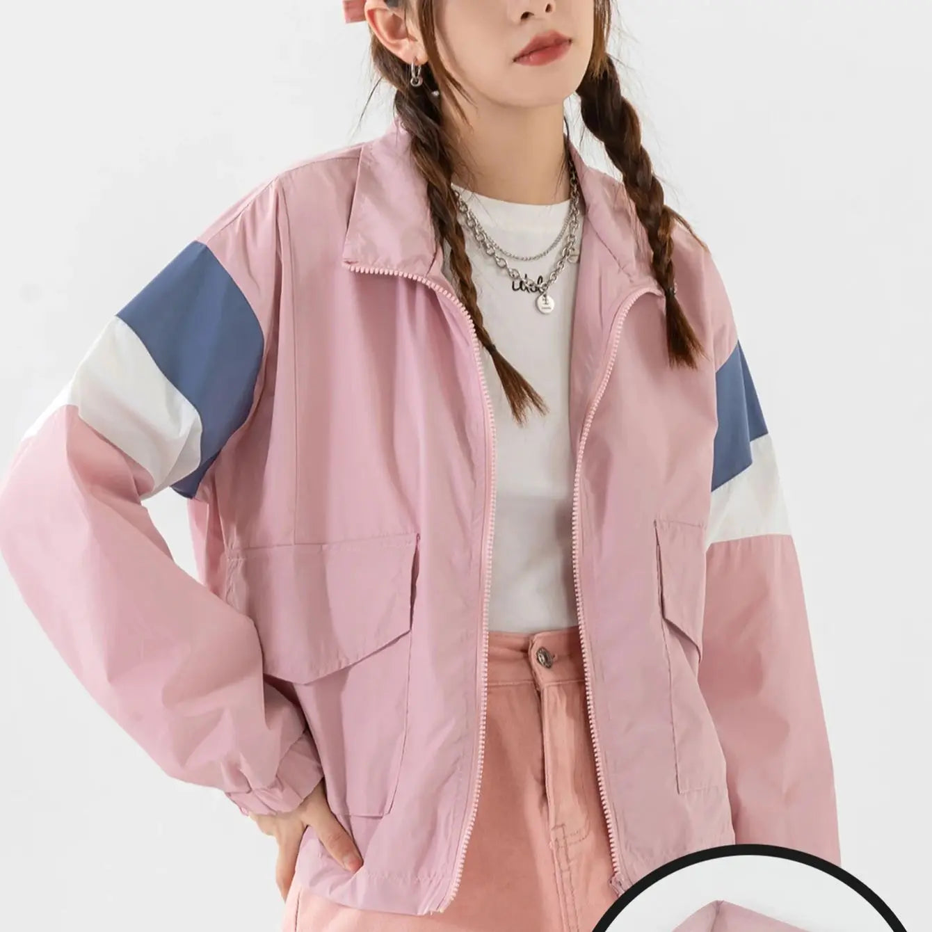 Women's Casual Jacket Color Block Windbreaker Coat Cropped junior Boomber Jacket Long Sleeves Patchwork Outerwear