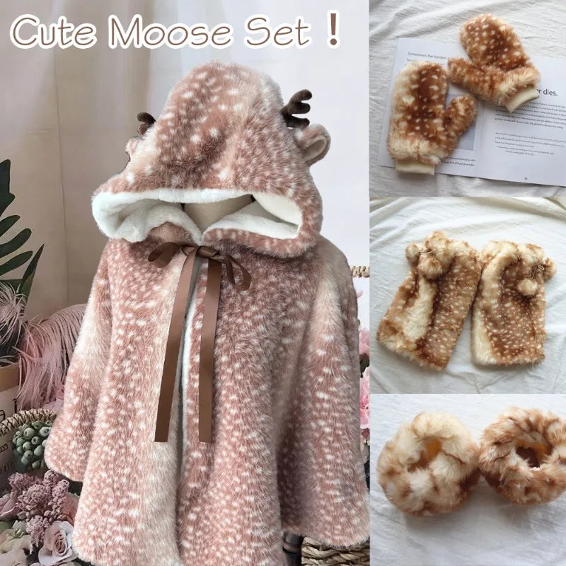 Winter Women's Japanese Plush Cute Printed Deer Dot Christmas Cloak Thickened Kawaii Deer Windproof Elk Shawl Jacket