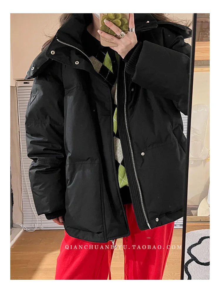 Women's Down Cotton Jacket Hooded Coat Winter Cotton Comfortable Thick Warm Love Embroidery Loose Jacket Snow Coat Clothing