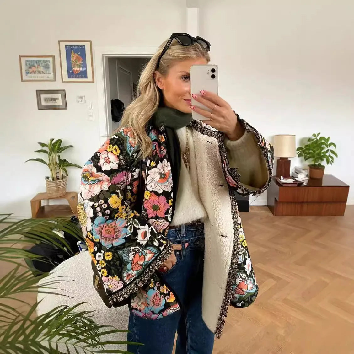Printed Women's Jacket Autumn Quilted Double-sided Cotton Jacket Cardigan Long-sleeved Cashmere Jacket Elegant Women Streetwear