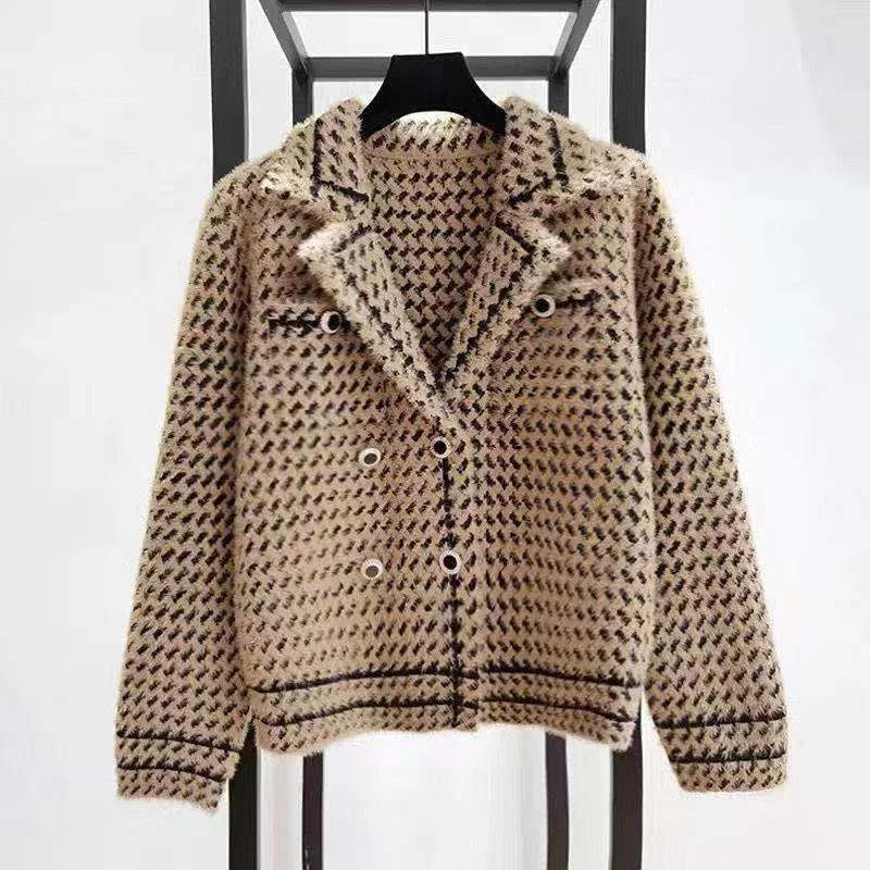 Jackets Women's Autumn Winter 2025 New Small Fragrance Short Coat Female Style Vintage Houndstooth Knitted Cardigan Outwear Tops
