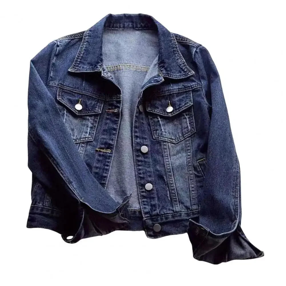Women Denim Jacket Single-breasted Chest Flap Pocket Jacket Long Sleeve Slim Short Coat Retro Ladies Denim Jackets Outerwear