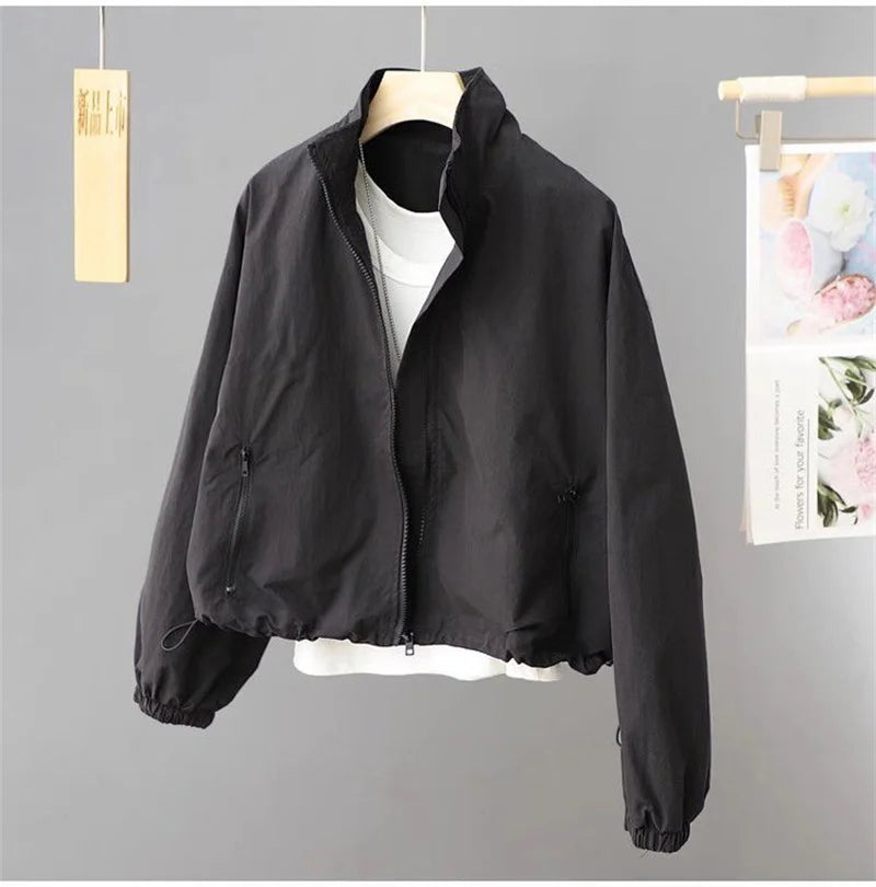 Women Short Jacket Spring Autumn New Casual Femme Windbreaker Stand Collar Tooling Jacket Basic Zipper Coat Tops Gabardina Mujer