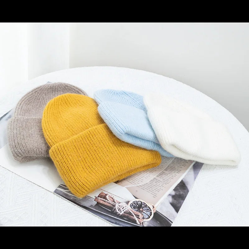 Winter Hats For Women Rabbit Fur Knitted Beanies Curled Thickened Keep Warm Bonnet Baggy Cap Female Soft Beanie Ski Cap